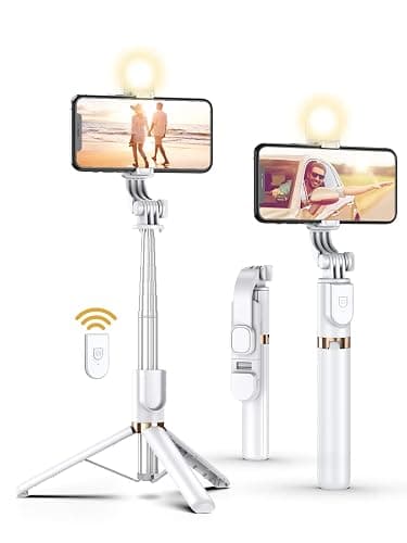 Selfie Stick Tripod with Wireless Remote, 46'' Cellphone Selfie Stick Tripod with LED Fill Light, for iPhone 16/15/14/14 pro/13/13 Pro/12/11/11 Pro/XS Max/XS/XR/X/8/7 and Android Smartphone(Upgrade) - White-46in - Image 1