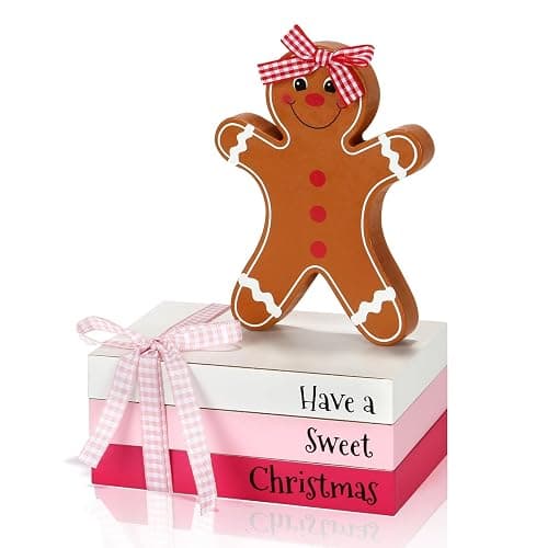 Pink Christmas Decorations 4 PCS Gingerbread Table Centerpieces, Cute Girlie Tabletop Christmas Decor for Tiered Tray Shelf Fireplace Mantel Office Desk Holiday Wood Faux Book Gingerbread Girl Sign - Image 1