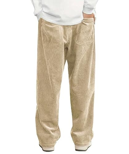 Hidkat Mens Corduroy Casual Pants Fashion Loose Fit Wide Leg Pants Straight Sweatpants Elastic Waist Drawstring thumbnail 2