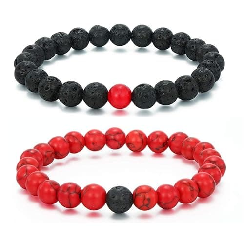 MengPa Mens Beaded Bracelets Couples Matching Bracelet Set Lava Rock Beads for Women Stone Jewelry - Howlite-Red - Image 1