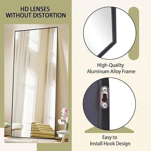 BEAUTYPEAK Full Length Mirror with Stand, 56"x21" Floor Mirror with Aluminum Alloy Thin Frame, ShatterVue Tempered Full Body Mirrors, Free Standing or Wall-Mounted Mirrors for Living Room, Black thumbnail 6
