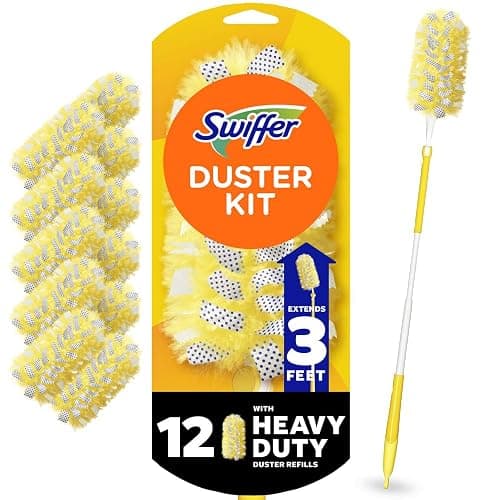 Swiffer Duster Kit with 3 ft Extendable Handle, Heavy Duty Dusting Starter Kit with 12 Refills, for Ceiling Fans, Vents and Hard to Reach Places - Image 1