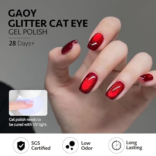 GAOY Red Cat Eye Gel Nail Polish, 16ml Glitter Holographic Nail Polish with Magnet, Reflective Translucent UV Gel, 2907 Ruby Twilight thumbnail 5