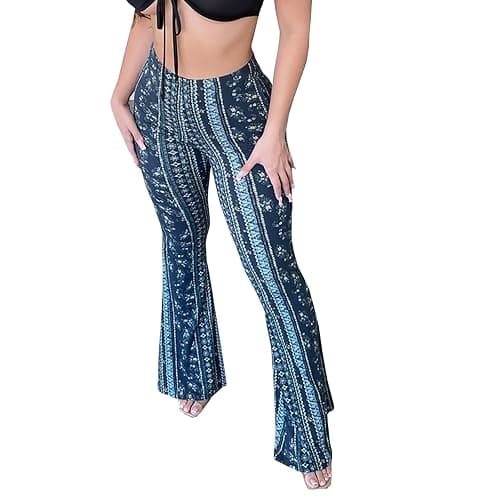 DLAYBGFA Flare Leggings Yoga Pants Women High Waisted Boho Flare Palazzo Pants Stretch Wide Leg Bell Bottom Yoga Leggings - Image 1