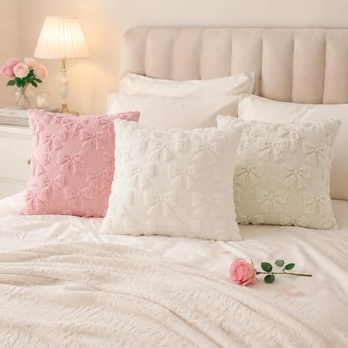 decorUhome Beige Bow Cute Girl Faux Fur Throw Pillow Covers 20x20 Set of 2 | Pillow Covers Coquette Aesthetic Plush Wool Modern Farmhouse Decorative Pillowcase for Preppy Bedroom Couch Sofa Decor thumbnail 6