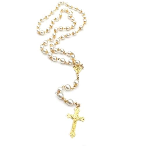 Rosary Beads Catholic for Women Girls, First Holy Communion Rosary Gifts for Girls Catholic, Gold White Rosary Necklace for Women Imitation Pearl Beads Necklace Rosarios Catolicos thumbnail 3