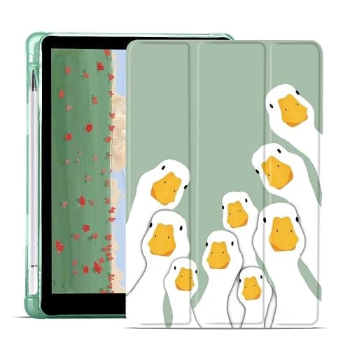 JOYLAND Funny Goose Cartoon Pad Case for 10.2 Inch iPad 9th/7th/8th Generation with Pencil Holder, Auto Wake/Sleep for iPad 2021/2020/2019 Cover, Foldable Smart Stand Green Leather Anti-Scratch Case - Image 1