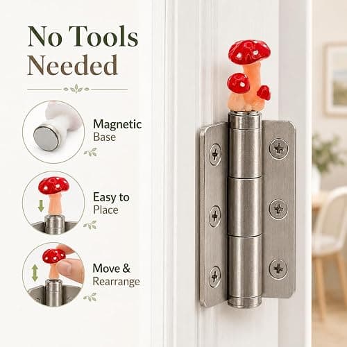 8 Pack Mushroom Door Hinge Toppers, Colorful Magnetic Resin Hinge Heads | Eight colorful resin mushroom hinge toppers add cottagecore charm to doors, cabinets and compatible magnetic surfaces. thumbnail 5