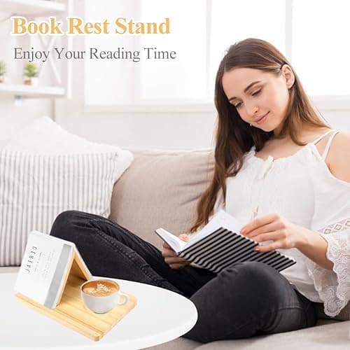 Gachiwar Triangle Book Holder, Wood Bookshelf Present for Mum, Wooden Book Stand for Bedside Desk Table Decor with Coffee Drink Holder for Book Lover thumbnail 7