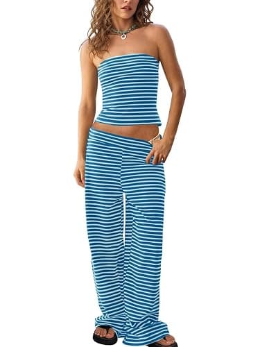 Tankaneo Womens Striped 2 Piece Sets Summer Strapless Crop Tube Tops Wide Leg Pants Matching Lounge Set Vacation Outfits - Image 1