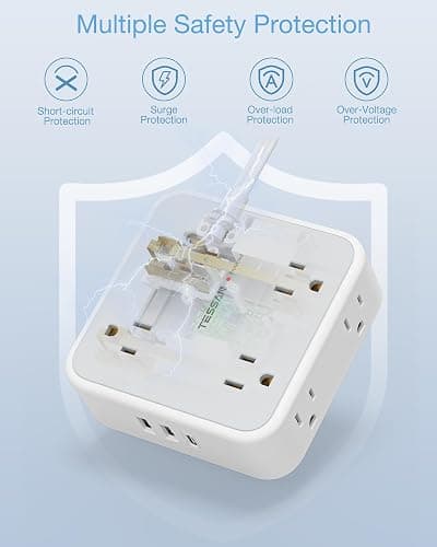 TESSAN Surge Protector Flat Extension Cord Flat Plug Power Strip, 8 AC Outlets, 3 USB Charger(1 USB C Port) 3 Sided Outlet Extender, 5 Ft, 900 Joules Protection, Office Supplies, Dorm Room Essentials thumbnail 5