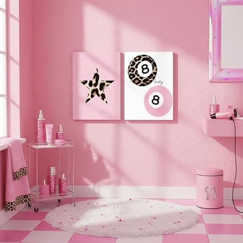 Cshylven Trendy Pink Leopard Wall Art Set of 3 Funky Retro Cheetah Canvas Wall Decor Lucky 8 Ball Poster Prints Preppy Aesthetic Pictures Artwork for Girls Room Dorm Apartment 12x16 Framed thumbnail 7