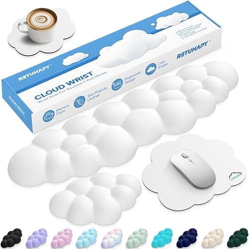 Retuhapy Cloud Wrist Rest Keyboard Cushion, 4-in-1 Ergonomic Cloud Keyboard Wrist Rest and Mouse Pad Set with Memory Foam Arm Support for Palm, Cute Desk Accessory for PC Gaming Setup, White - Image 1