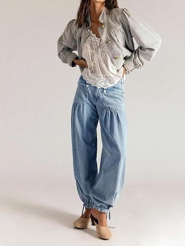 yoeasy Women's Lotus Balloon Jeans Baggy Wide Leg Loose Denim Pants | Drawstring Ankle Denim Pants, Front Pockets, Drawstring Hems, Boyfriend Jeans, Elastic Waisted, Casual Trendy Streetwear thumbnail 3