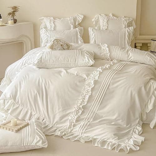 Sedefen Bettwäsche 135x200cm Weiß Rüschen Romantisch Bettbezug Uni Einfarbig Mädchen Rüschenbettwäsche Set Weich ÖKO-TEX Zertifiziert Mikrofaser Bettbezug mit Reißverschluss und 1 Kissenbezug 80x80cm thumbnail 3