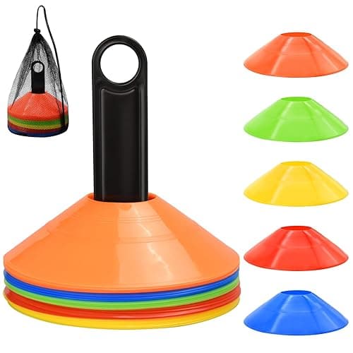 FGBNM 25/50/100/200 Pack Disc Cones, Agility Soccer Cones with Carry Bag and Holder, Soccer Cones for Sports Training, Football, Soccer, Basketball, Coaching, Practice Equipment, 5 Color - D-25 Pack