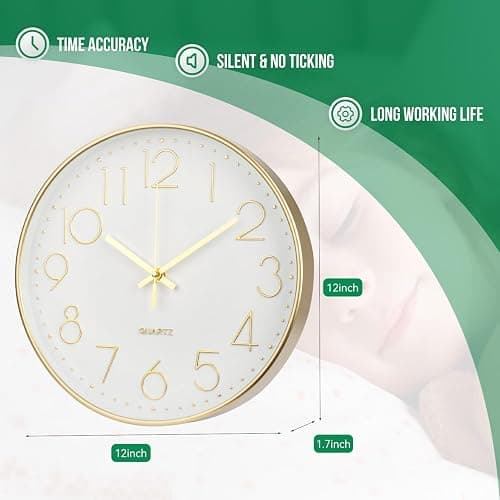 bakbrand Wall Clock 12 Inch Non-Ticking Silent Modern Simple Style Round Decor Clock Gold Stereoscopic Dial Quartz Wall Clocks for Home/Office/School/Living Room/Bedroom/Kitchen thumbnail 3