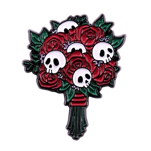 yangjinyuCartoon Flower Bouquet Skeleton Enamel Pin Gothic Punk Skull Brooch Cartoon Halloween Brooch Lapel Pin Fun Jewelry Gift for Women Men Girls Boys, Red - Image 1