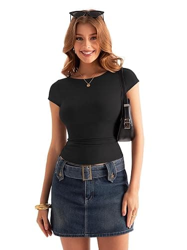 EasyGala Womens Double Lined Boat Neck Tops Cap Sleeve Tight Y2k T Shirts | Short Sleeve, Fitted, Going Out Tops, Compression Basic Tees, Cute, Trendy, Summer Fashion Clothes, Workout, Vacation thumbnail 6