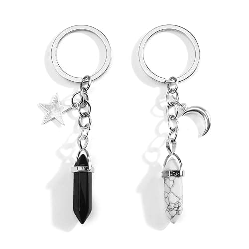 Tranbath Crystal Stone Keychain with Sun and Moon Pendant, 2-Pack Healing Crystals Keyring Charms, Lucky Charm Crystal Keyring, Bag Charms for Women's Handbags, Good Luck Keychain - Image 1