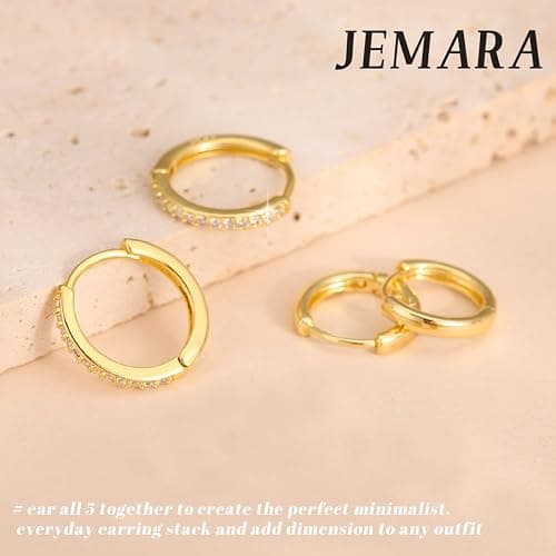 JEMARA Gold Earrings Minimalist 14K Gold Plated Huggie Hoop Earrings Set Hypoallergenic 925 Silver Cartilage Sleepers Huggie Silver Earrings for Women thumbnail 6