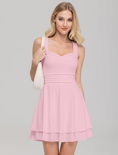 IWD Women's Square Neck Sleeveless Mini Dress Ruched Waist Tiered Ruffle Hem A Line Short Dresses thumbnail 2