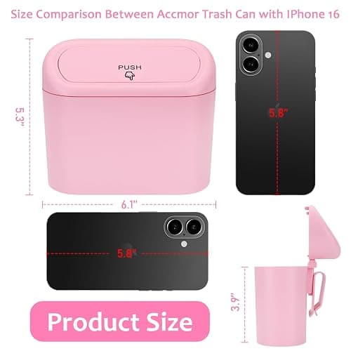 Accmor Car Trash Can with Lid, Vehicle Trash Bin Car Dustbin Garbage Organizer Holder with One Roll Trash Bag, Portable Hanging Mini Leakproof Cars Storage Bag Container for Auto, SUV, Office (Pink) thumbnail 2