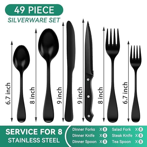 JUNLIN 49 Pieces Black Silverware Set with Steak Knives, Stainless Steel Silverware with Organizer Flatware Utensils Set for 8, Forks and Spoons Silverware Set Cutlery Set thumbnail 2