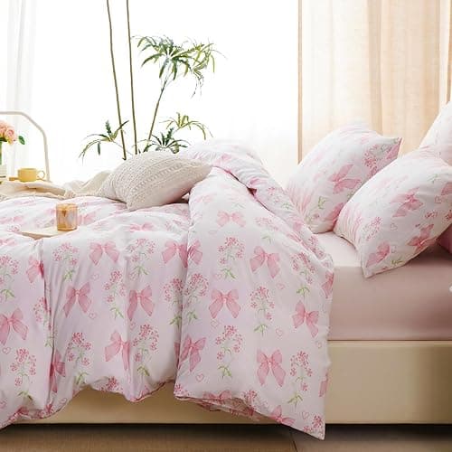 CCoutueChen Duvet Cover Full 3Pcs Pink Floral Bow Bedding Set for Girls Kids, Romantic Princess Style Bowknot Bedding, Ultra Soft Reversible Garden Flower Duvet Cover Set(2 Pillowcases,No Comforter) thumbnail 3