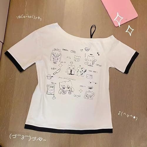 Y2k Kawaii Shirts for Women Cartoon Graphic Tees Off Shoulder Cutecore Shirts Harajuku Fashion Gothic Tops thumbnail 6
