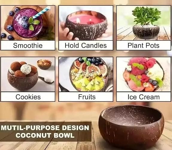 Natural Coconut Serving Bowls Set with Wooden Spoons, 13-15 cm, 4 Bowls and 4 Spoons, Perfect for Smoothies and Buddha Bowls. Hand-Crafted, Vegan-Friendly, Eco-Friendly thumbnail 4