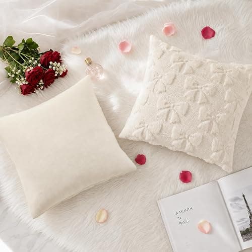 decorUhome Beige Bow Cute Girl Faux Fur Throw Pillow Covers 20x20 Set of 2 | Pillow Covers Coquette Aesthetic Plush Wool Modern Farmhouse Decorative Pillowcase for Preppy Bedroom Couch Sofa Decor thumbnail 7