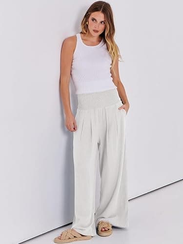 ANRABESS Women Linen Palazzo Pants Summer Boho Wide Leg High Waist Casual Lounge Pant 2025 Beach Travel Vacation Outfits thumbnail 3