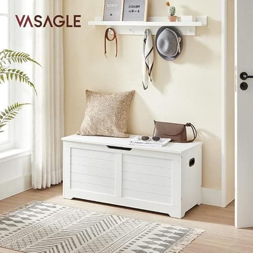 VASAGLE Storage Chest, Storage Bench with 2 Safety Hinges, Farmhouse Style, 15.7 x 39.4 x 18.1 Inches, for Entryway, Bedroom, Living Room, Cloud White ULSB061T10 thumbnail 2