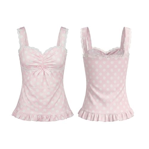 Anuedgis Women's Polka Dot Lace Trim Cami Top Ruched Ruffle Hem Camisole for Going Out & Casual Wear thumbnail 6