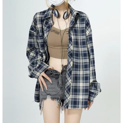 Plaid Flannel Shirt for Women Y2K Oversized Fairy Grunge Long Sleeve Button Down Blouse Alt Goth Tops thumbnail 4