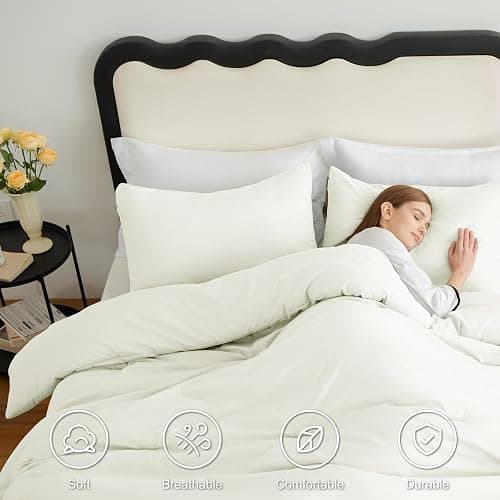 CozyLux Queen Comforter Set Ivory, 3 Pieces Solid Breathable Quilted Style Bedding Sets for Girls, Luxury Soft Microfiber Down Alternative Comforter Bet Set All Season (1 Comforter & 2 Pillowcases) thumbnail 5