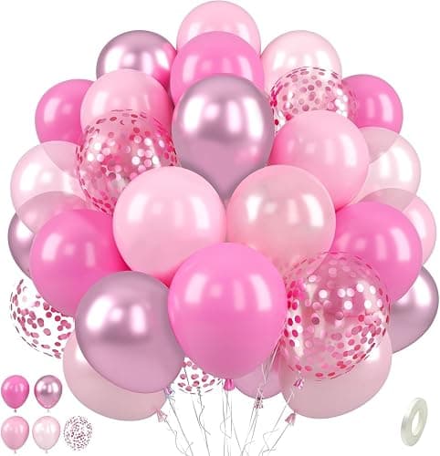 Paready Pink Balloon Set, 50 Pcs 12 Inch Metallic Pink Pastel Pearl Light Confetti Balloons Helium with Ribbon for Women Girls Wedding Bridal Baby Shower Princess Birthday Party Decorations - Image 1
