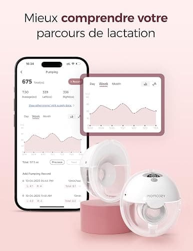 Momcozy M5 Smart Tire-lait Électrique Main Libre, Tire-lait Portable Contrôlé par Application, Pompe Électrique Sans Fil, 3 Modes 9 Niveaux d’Aspiration, Téterelle 24 mm(Gris, 2 Pièces) thumbnail 3