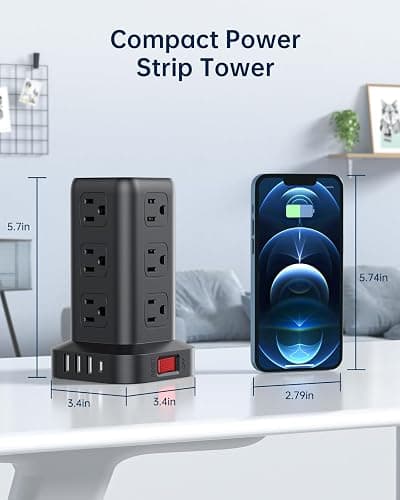 AnnTane Surge Protector Power Strip 10 FT Cord, Power Strip Tower with 4 USB Ports (1USB C), Extension Cord with 12 AC Multiple Outlets, Home Office Supplies Desk Accessories, Dorm Room Essentials thumbnail 3