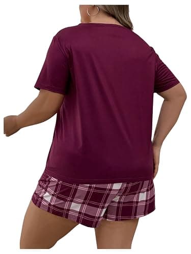 GORGLITTER Women's Plus Size Pajama Set 2 Piece Letter Short Sleeve Shirt Plaid Boxer Shorts Pjs Lounge Sets thumbnail 2
