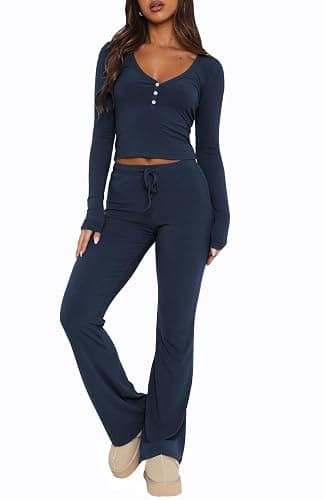 FWBBG Womens 2 Piece Lounge Sets Long Sleeve Crop Tops V Neck Flare Pants Set Fall Y2k Casual Outfits - Image 1