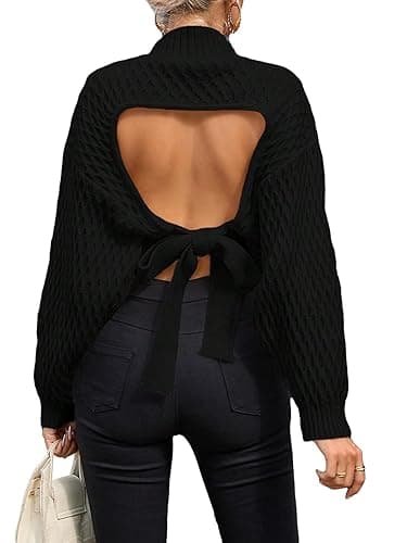 GORGLITTER Women's Bow Open Back Sweater Top Trendy Long Sleeve Backless Drop Shoulder Mock Neck Cable Knit Sweaters - Small - Black