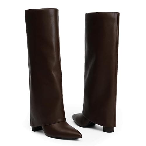 Modatope Knee High Boots Women Fold Over Knee High Boots Chunky High Heels Long Boots Zipper Pointed Toe Dress Tall Boots for Women thumbnail 6