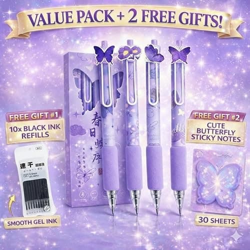 Eloxomer Cute Purple Butterfly Gel Pens Set, 4 Pack Retractable 0.5mm Black Ink Writing Pens with 10 Refill & Sticky Notes for School, Office, Gifts for Girls, Students & Friends thumbnail 7