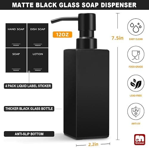 GMISUN Black Soap Dispenser, Hand Soap Dispensers Bathroom, 12oz Glass Soap Dispenser with Stainless Steel Pump, Dish Soap Dispenser for Kitchen, Bathroom/Kitchen Liquid Soap Dispenser Set, 2-Pack thumbnail 2