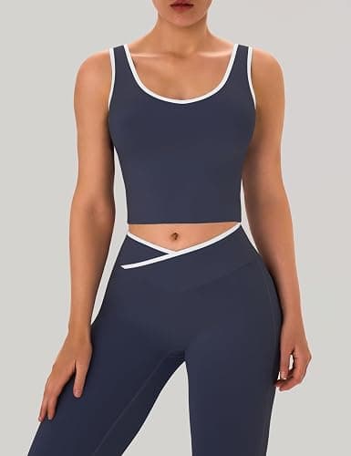 OLCHEE Womens Workout Sets 2 Piece Gym Yoga Outfits Crossover Flare Leggings Crop Tank Top with Contrast Trim thumbnail 6