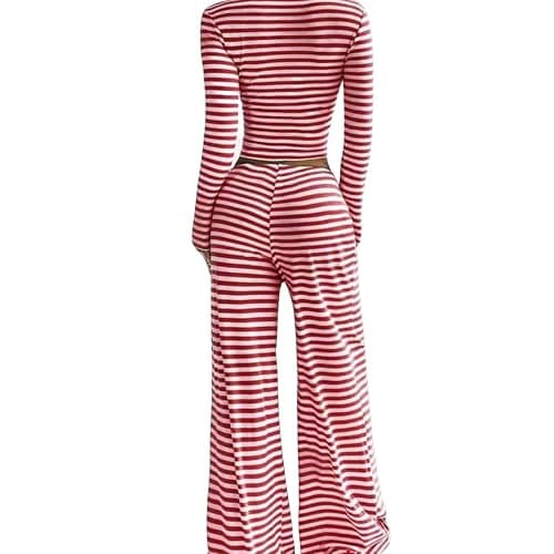 Womens Striped 2 Piece Sets Square Neck Top Cropped Tunic Wide Leg Pants Casual Lounge Sweatsuits Vacation Clothes thumbnail 2