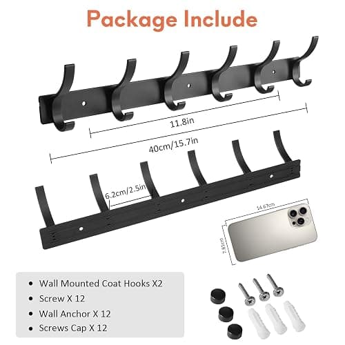 Optish Coat Rack Wall Mount, Wall Hooks for Hanging, Entry Coat Hooks Coat Hanger, Hat Rack Holder for Wall, Key Holder Purse Racks, Towel Rack for Bathrooms (2 Pack, Black) thumbnail 4