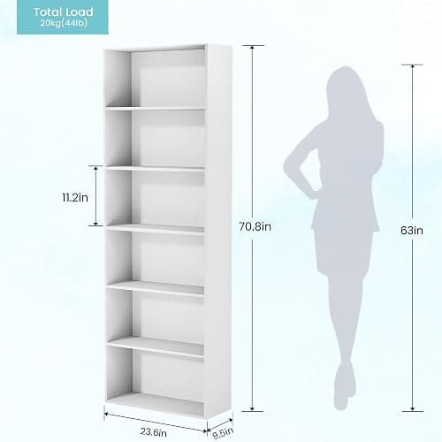 GRUSIGN 71" Tall 6-Tier Bookshelf, Large Open Display Bookcase with Ample Storage, Floor Standing Book Shelf for Living Room, Home Office, Bed Room, White thumbnail 3